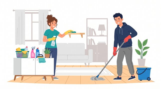 Couple cleaning living room together with mop and spray bottle