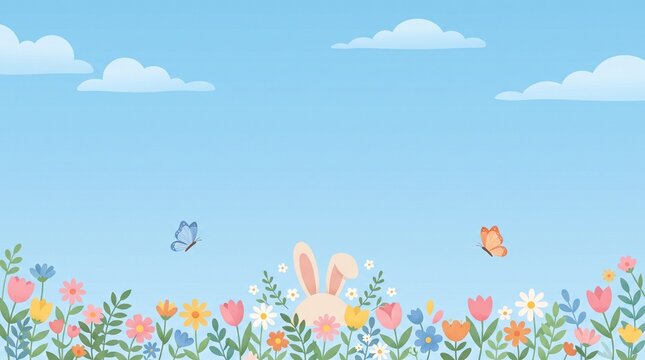 Papercut spring flower border texture with bunny ears in meadow, blue sky with clouds, butterflies and music notes, layered 3D craft illustration header with copy space