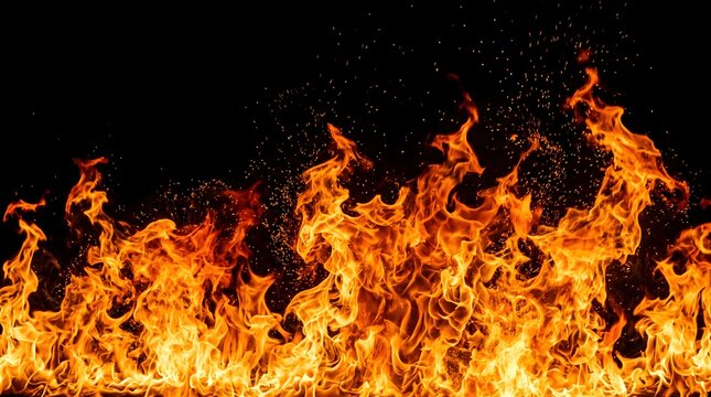 Bright orange and yellow flames of fire burning intensely against a solid black background with glowing sparks and embers rising upwards in a dynamic pattern