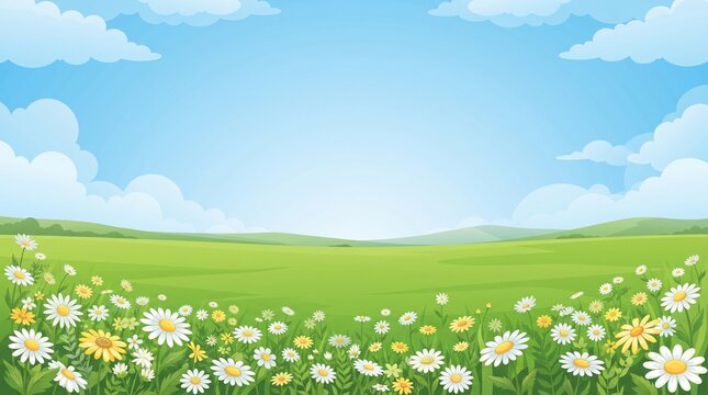 Green meadow landscape vector with daisy flower border and blue sky gradient, simple spring nature banner template for website header, posters, and wide copy space