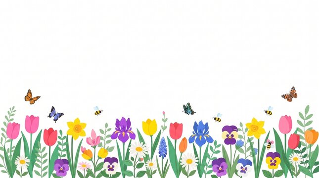  Colorful spring flower meadow border vector texture with tulips, daisies and butterflies along bottom on white, simple kids banner header template with wide copy space