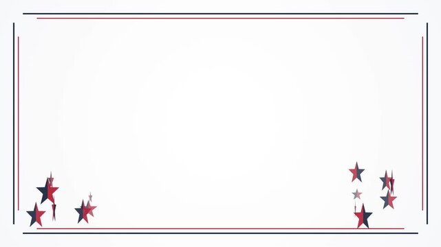Clean white background with a minimalist red and blue line border and spinning split patriotic stars in the corners. This seamless motion graphic loop is ideal for election videos.