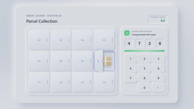 Digital interface for a smart parcel locker system showing the package collection process flow