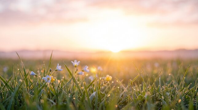  Sunrise field texture with dew drops on grass and small daisies, warm golden morning light and soft bokeh, natural outdoor spring landscape for banner and copy space