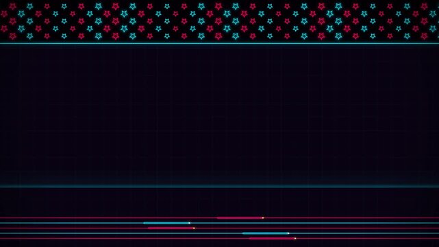 Abstract dark grid background with glowing neon red and cyan stars top border and laser lines bottom frame. This seamless synthwave motion graphic loop is ideal for retro tech videos.