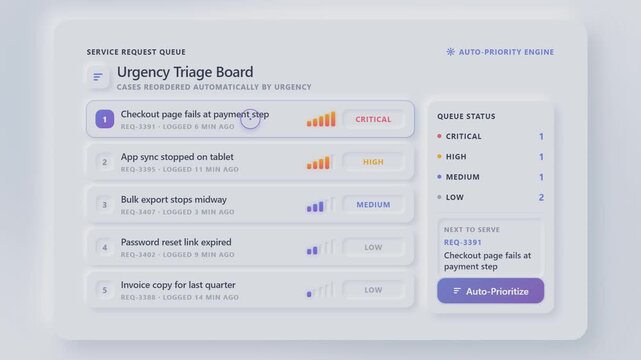 Digital interface showing an automated service request queue with dynamic priority sorting system