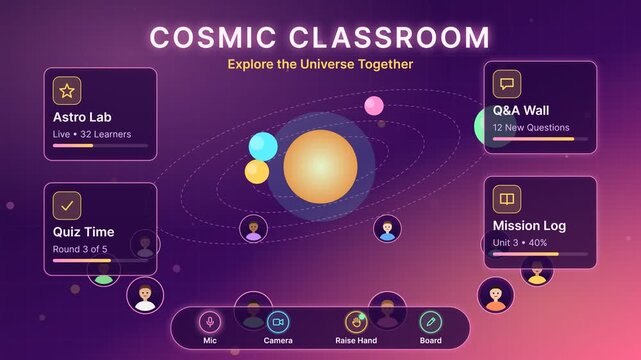 Animated Interface for Online Education Platform Featuring Solar System and Student Avatars, Motion Graphics