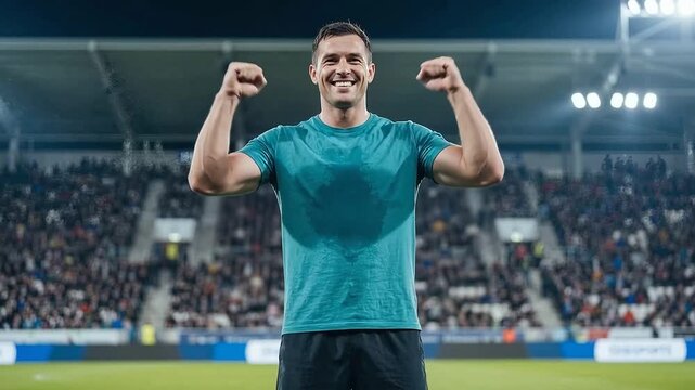 スタジアムで両腕を上げ勝利を喜ぶスポーツ選手、スポーツ、達成、挑戦、チームの成功を伝える広告・挿入映像