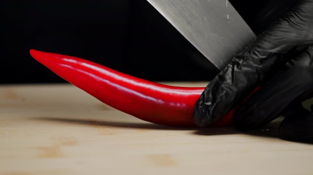 Extreme close-up of chef in black gloves slicing fresh red chili pepper with a sharp kitchen knife on wooden cutting board. Spicy food preparation and cooking process.