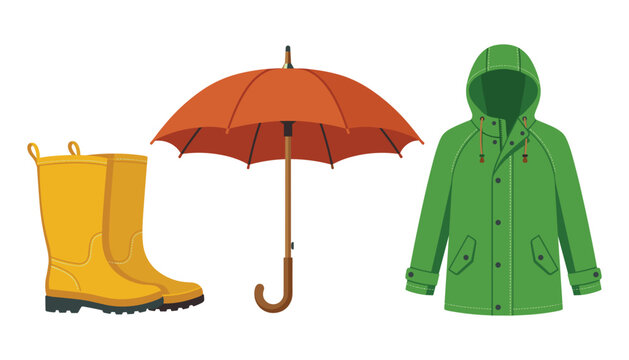 Set of autumn rainy day elements including yellow rubber boots orange umbrella and green raincoat isolated on white background vector illustration