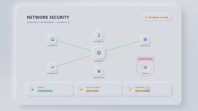 Digital network security dashboard showing threat detection and automated endpoint containment process