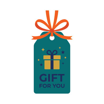 Festive teal gift tag with orange ribbon bow, decorative present label with Gift For You text, flat vector holiday hang tag for retail packaging isolated on White Background