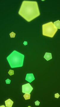 Glowing green and yellow pentagonal shapes drift across a dark abstract background
