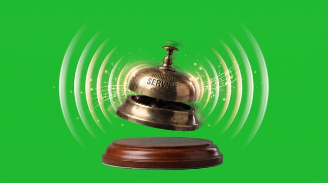 Service bell with a metallic finish rings on a polished wooden base, emitting visual sound waves against a bright green background.