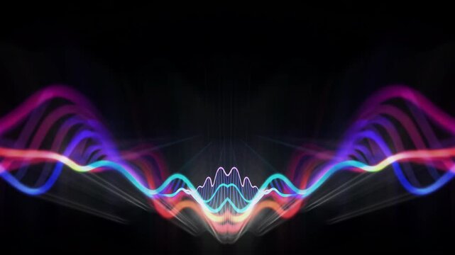 Smooth rainbow neon audio waves on black background, stylish fashion show equalizer seamless VJ loop