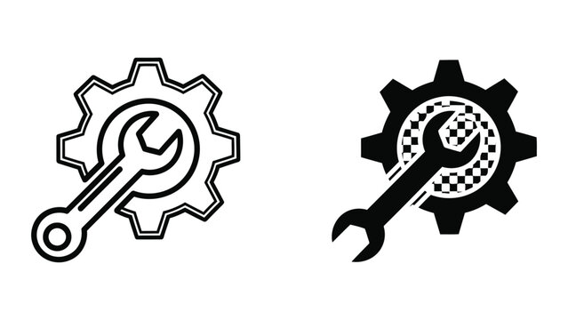 Mechanical gear with wrench tool vector icon isolated on white background