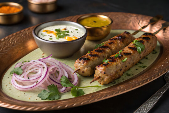 Gourmet Seekh Kebab &mdash; perfectly grilled miniature seekh kebabs with saffron yogurt, mint chutney gel and caramelized onions, elegant copper-toned plating, dramatic lighting.