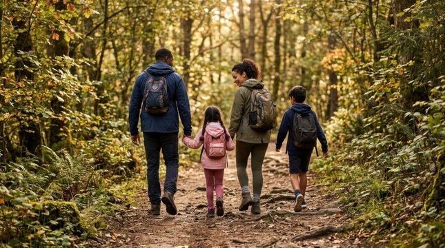 Family of four hiking on a dirt trail through a lush autumn forest with sunlight filtering through trees