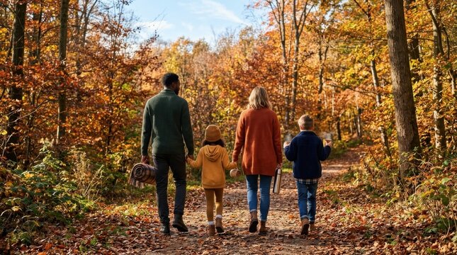 Family of four holding hands while walking on a path through a beautiful autumn forest in fall
