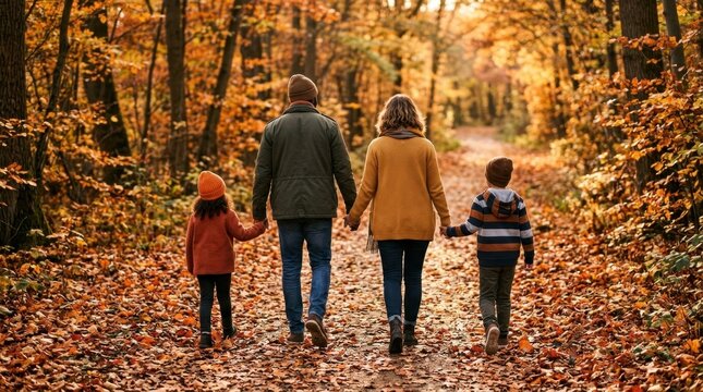 Family of four walking hand in hand on a forest path covered with fallen autumn leaves