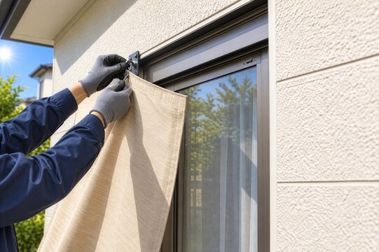 住宅の窓の外に日よけシェードを取り付ける手元