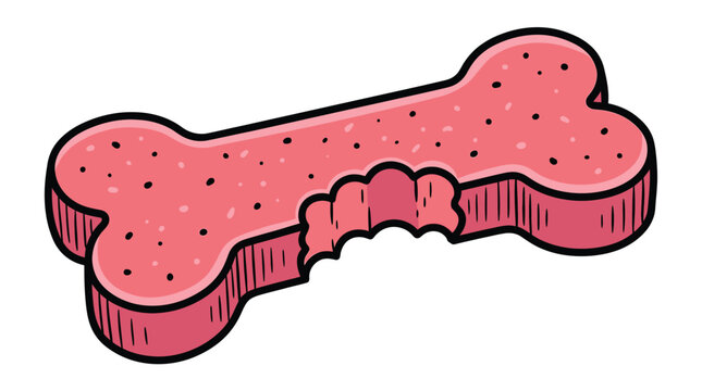 Pink dog biscuit with a large bite mark rendered in bright digital graphic illustration style