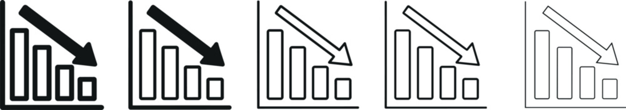 Black Declining Bar Chart Icons Set with Downward Arrow in Various Line Thickness for Business Loss, Recession and Falling Sales Concepts