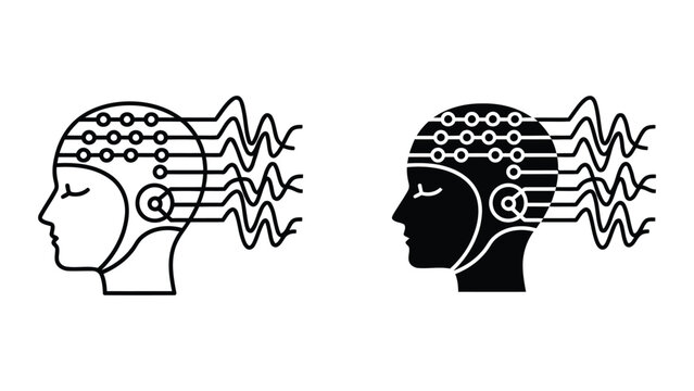 Human head with brain waves and neural sensor connection icons in flat vector style design