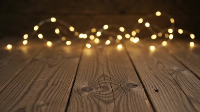 Empty Rustic Wooden Table Surface with Defocused Warm Christmas Fairy Lights Bokeh Background