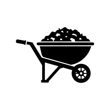 Wheelbarrow icon black silhouette design with pile of debris for industrial construction transport and garden landscaping work equipment isolated flat vector file.