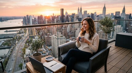 Plakat Woman enjoying city view from rooftop at sunset with laptop