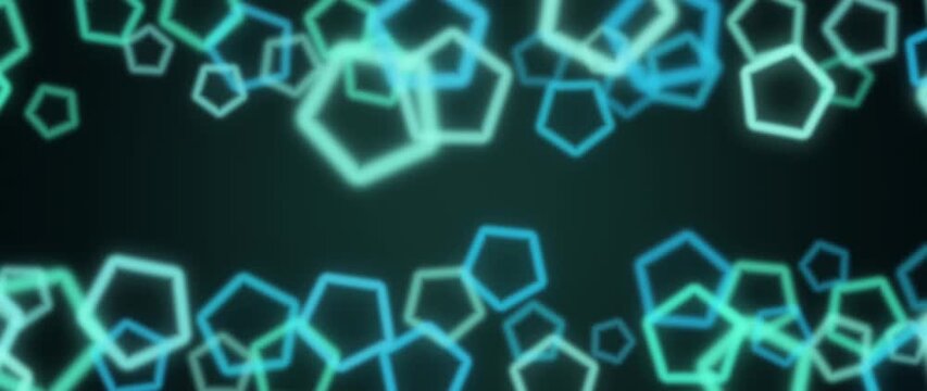 Glowing polygon outlines shift along the edges of a dark teal abstract background