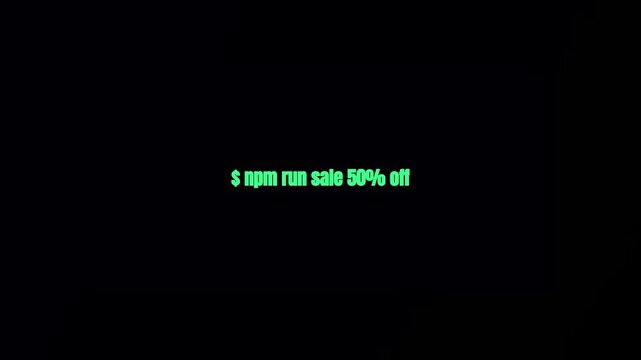 Glowing green command line prompt discount animation, hacker code screen sale promo motion graphic, terminal developer discount offer banner