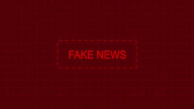 Digital fake news warning sign with red glowing text and grid background, for media literacy, journalism integrity, misinformation, awareness, propaganda analysis, and cyber security concept