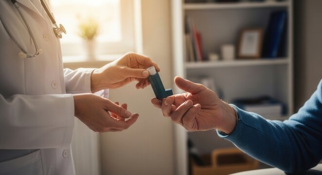 Doctor handing asthma inhaler to patient, closeup, medical consultation, respiratory care, treatment concept