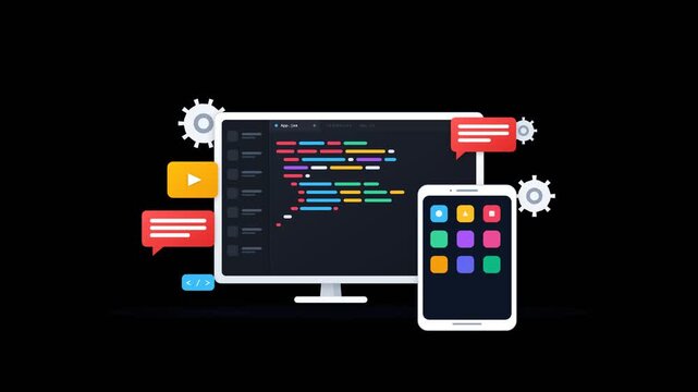 Modern digital illustration with computer monitor displaying code, smartphone, floating icons, and gears on dark background, concept for software engineering and app development, ideal for tech