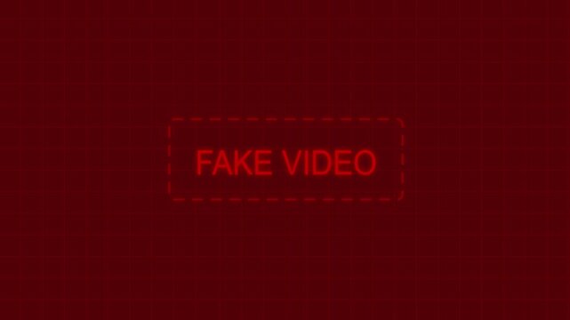 Digital warning sign featuring a bold red fake text overlay on a dark grid background, for cybersecurity awareness, misinformation detection, media, literacy, and online verification