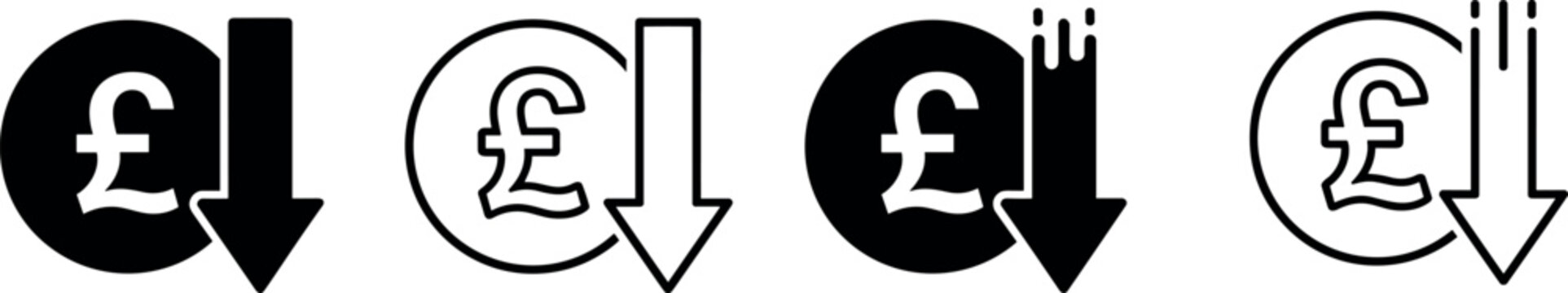 British Pound Coin with Down Arrow Icons Set in Black Solid and Outline Styles for Price Drop, Cost Reduction and Financial Loss Concepts