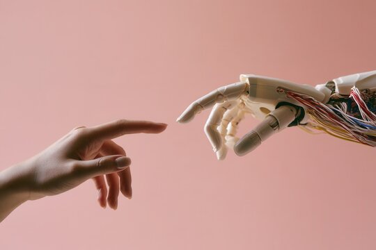 Human finger touching robotic hand digital connection concept against pink background.