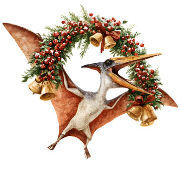 Whimsical watercolor pterodactyl adorned with a festive Christmas wreath and bells