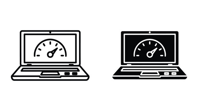 Laptop speed test performance icon set in outline and solid black vector style