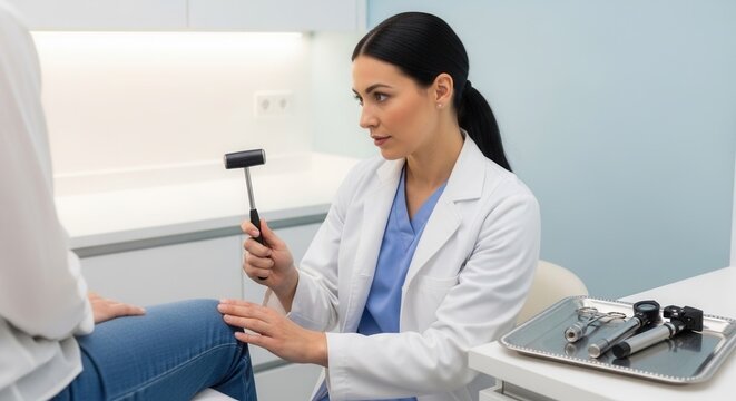 Doctor performing neurological reflex test with reflex hammer on patient's knee in a modern examination room.