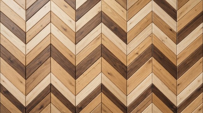 Herringbone pattern made of alternating light pine and dark walnut wooden planks creating a classic chevron floor or wall surface texture