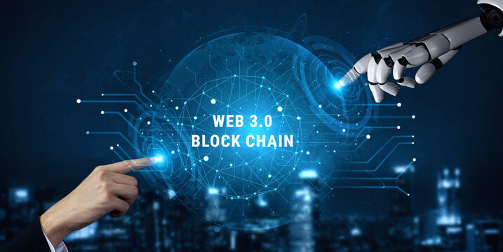 The role of AI on the Web 3.0 blockchain technology network. A concept of a decentralized web using a distributed ledger and AI. Motif