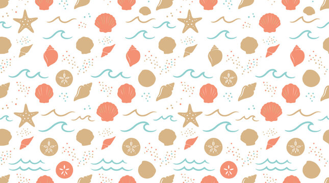 Seamless Beach Pattern: Shells, Starfish, Waves, Sand Dollars - Summer Vacation Vibes