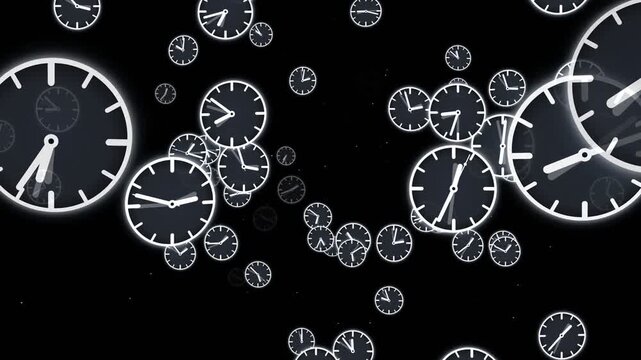 Abstract glowing clocks with luminous white dials floating in dark black space, concept for temporal distortion and fast passage of time, suitable for sci-fi video backgrounds.