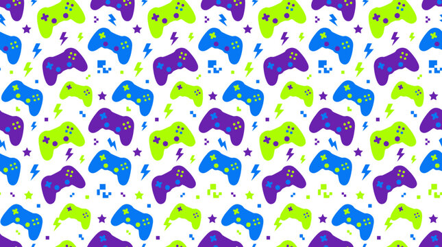 Vibrant Gaming Pattern: Game Controllers, Lightning Bolts, and Stars on White Background