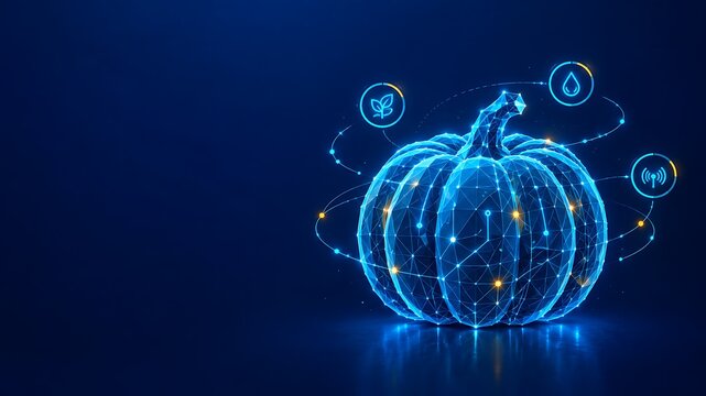 Wireframe digital pumpkin surrounded by floating technology icons. autumn with technology hologram futuristic particle wireframe artificial. autumn with technology