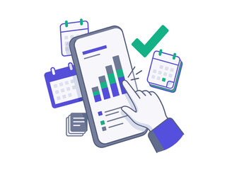Obraz premium Hand touching business bar chart on smartphone with calendar icons
