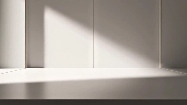 Minimalist empty studio room background with soft diagonal shadow and light on white wall for product presentation.